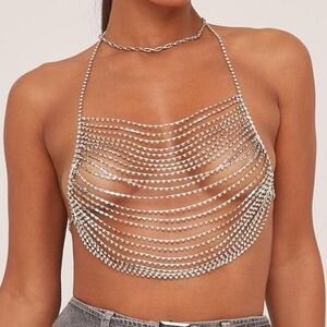 halterneck diamante detail layered crop top